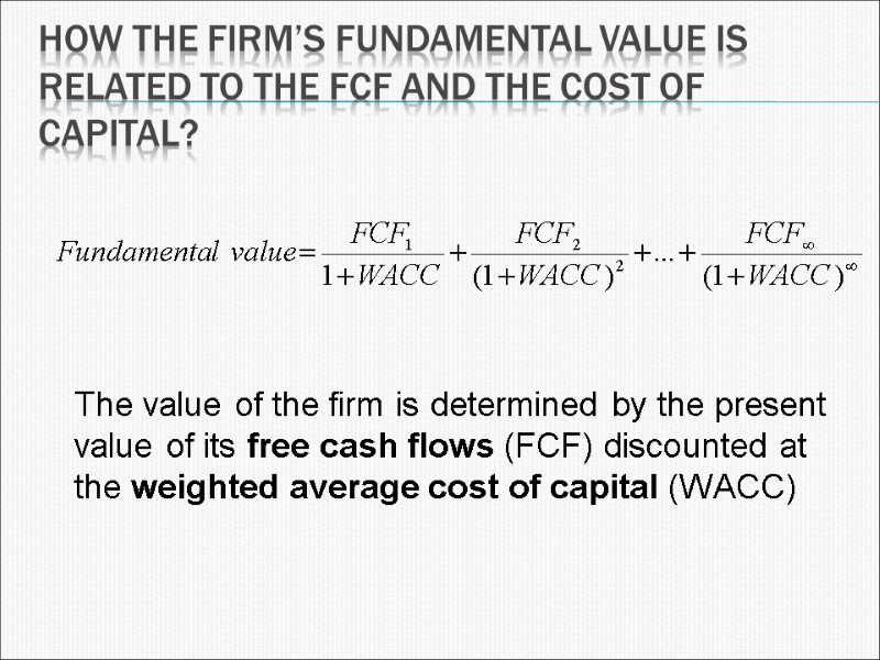 How the firm’s fundamental value is related to the FCF and the cost of